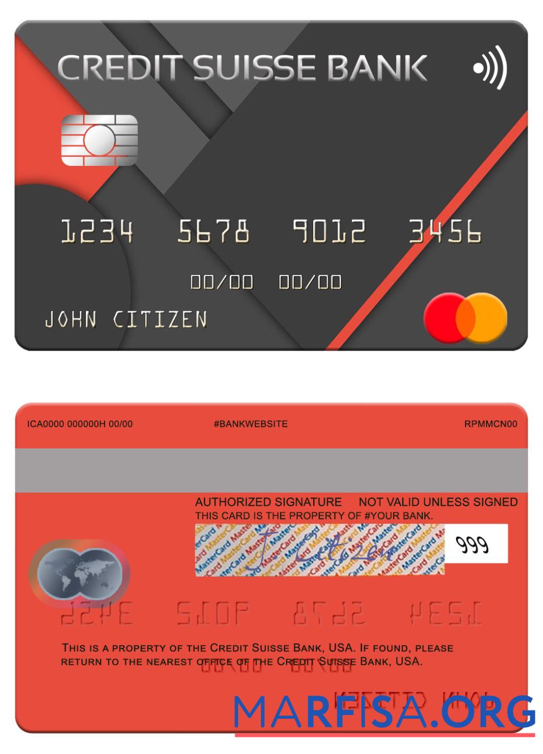 Printable USA Credit Suisse Bank mastercard example